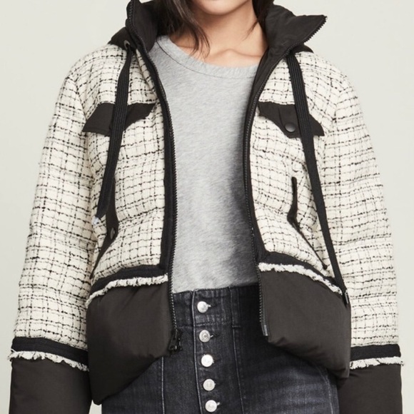 Veronica Beard Camrose Puffer Quilted Hooded Tweed Jacket Cream Black Large Warm - Picture 2 of 7